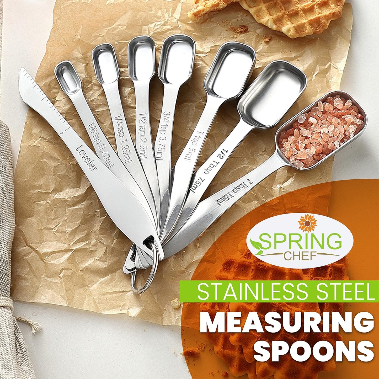 Spring Chef Stainless Steel Measuring Spoons Set of 8 with Leveler, Metal Teaspoon & Tablespoon Measuring Spoons for Dry & Liquid Ingredients, Fits in Spice Jars - Kitchen Gadgets For Baking & Cooking