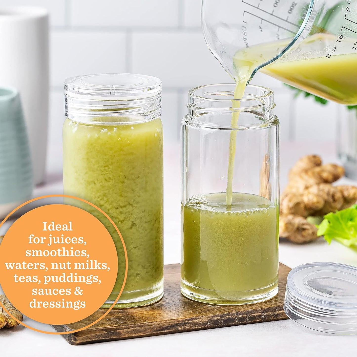 Glass Water Bottles - 4 Pack Wide Mouth Juice Bottles with Clear Lids for Juicing, Smoothies, Fruit Water, Teas, Beverage Storage - 10oz, Leakproof, Reusable, Borosilicate