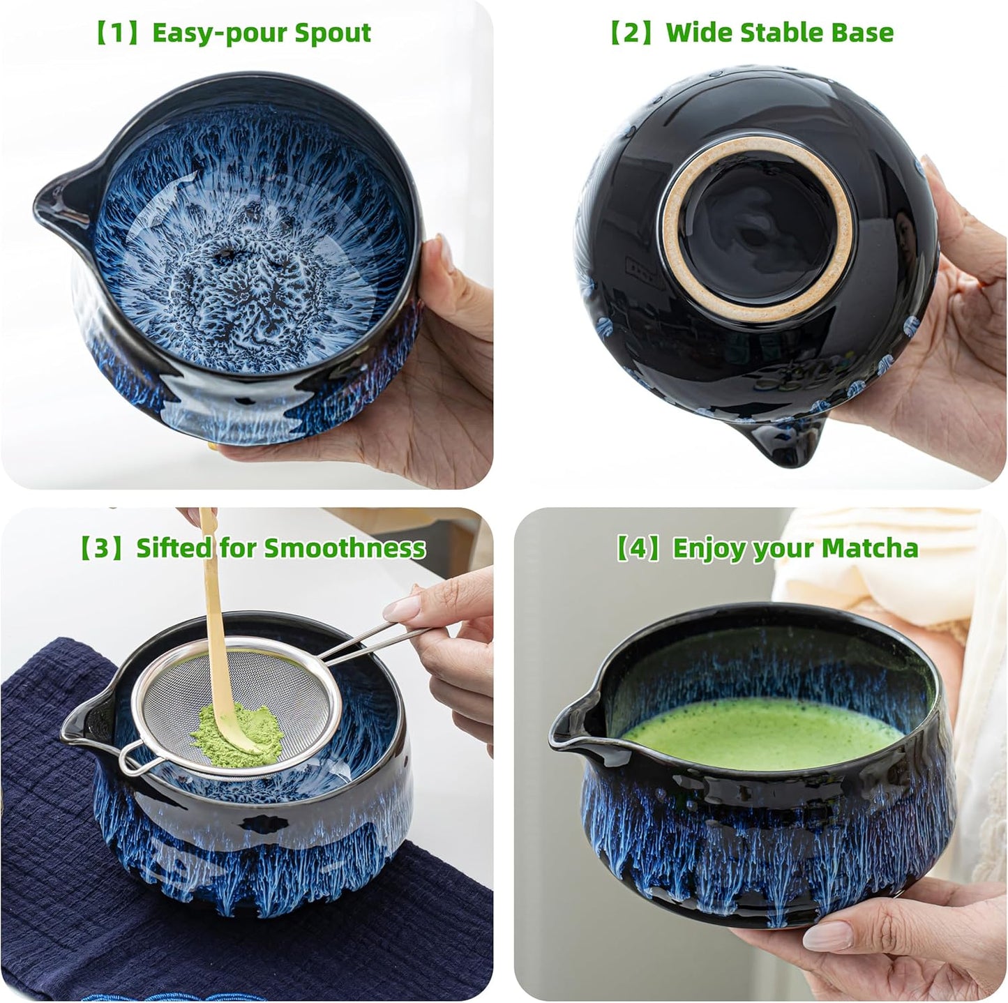 TEANAGOO 7 Pcs Matcha Whisk Set,Matcha Set for Ceremony,Matcha Kit Junware-Blue,Matcha Tea Set for Making Breakfast/Latte,Ceramic Bowl(chawan) whith Spout and Whisk,Gift for Matcha Lover