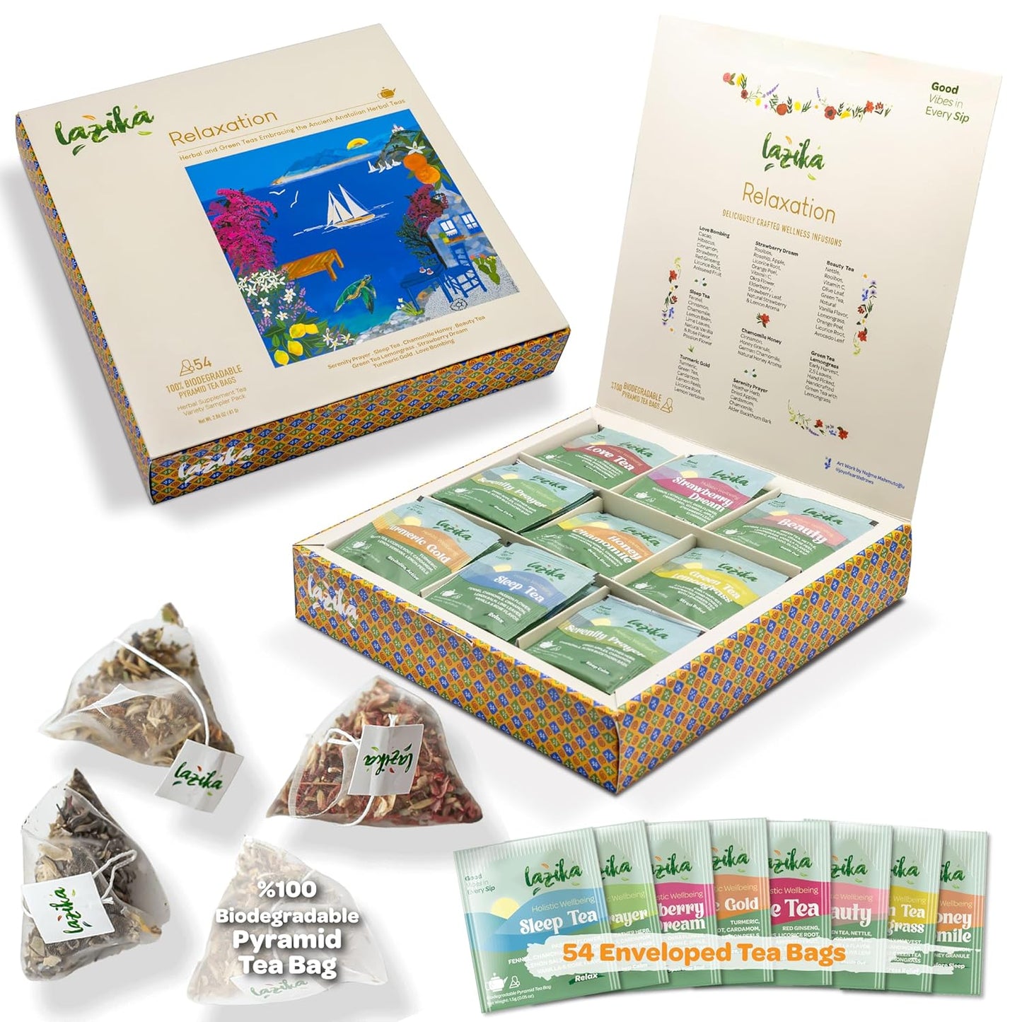 Lazika Herbal Tea Variety Pack with Lovely Presentation Box, 54 Counts, Relaxation Tea Assortment Gift Set, Premium Collection with Pyramid Infuser Bag, Handcrafted