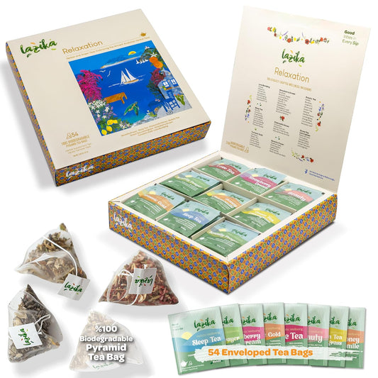 Lazika Herbal Tea Variety Pack with Lovely Presentation Box, 54 Counts, Relaxation Tea Assortment Gift Set, Premium Collection with Pyramid Infuser Bag, Handcrafted