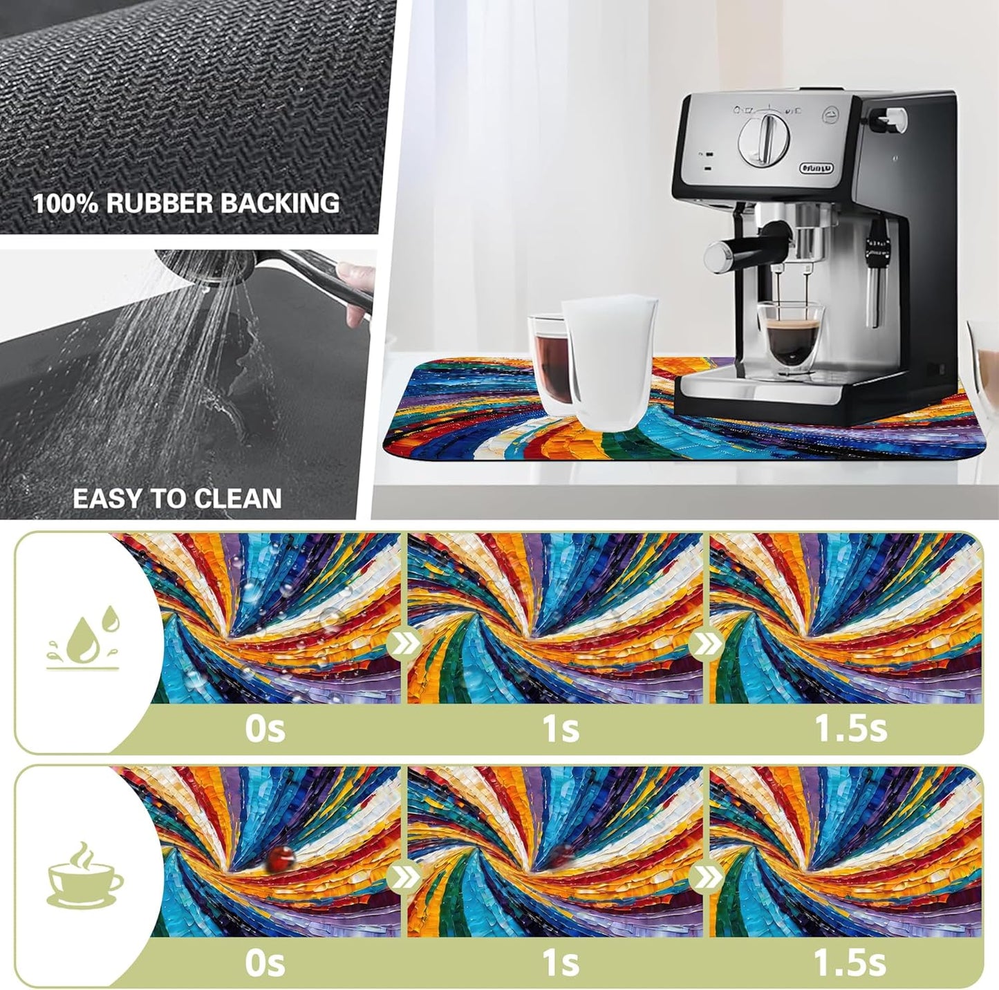 Kitchen Mat Swirl Colorful Textured Dish Drying Mat 16"x24" Bsorbent Coffee Maker Mat for Sink Dishes or Under Rack Kitchen Counter Accessories Absorbent Hide Stain Rubber Backed Dish Drying Pad