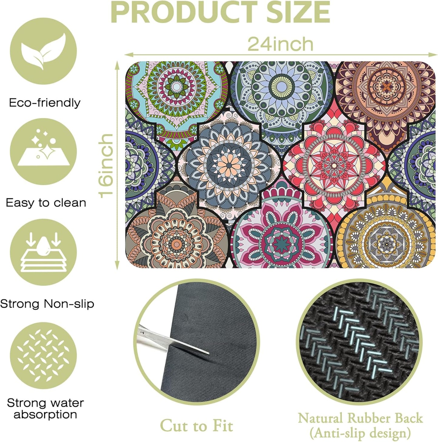 Dish Drying Mat Bohemia Vintage Decorative Pattern Kitchen Mat 16"x24" Bsorbent Coffee Maker Mat for Dishes,Utensils Coffee Maker Pots and Pans Easy Clean Dish Slip Resistant Pad