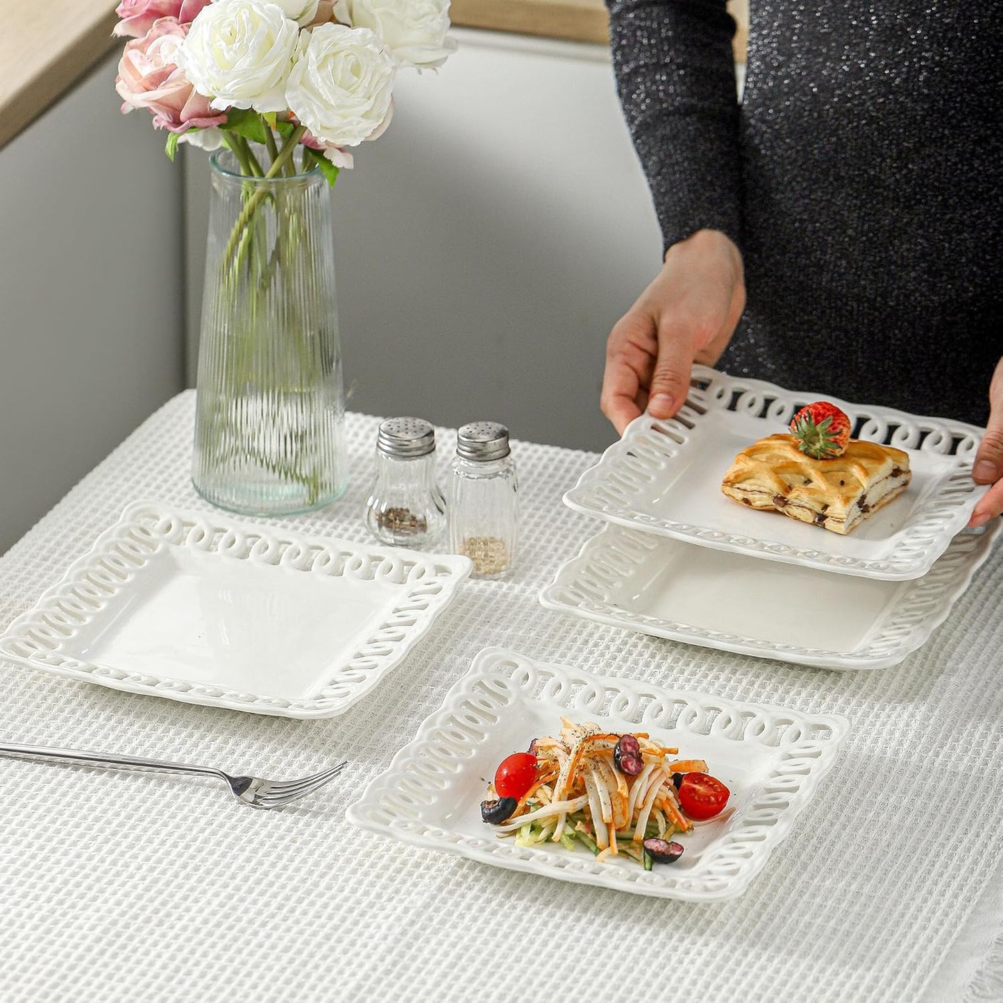 Ceramic Square Dinner Plates, 11 inch Square Serving Plate Set of 4 for Steak Pasta Salad Snacks Pizza Appetizer, New Bone Porcelain Plates with Lace Rim, Party Wedding Birthday Christmas Gift, White