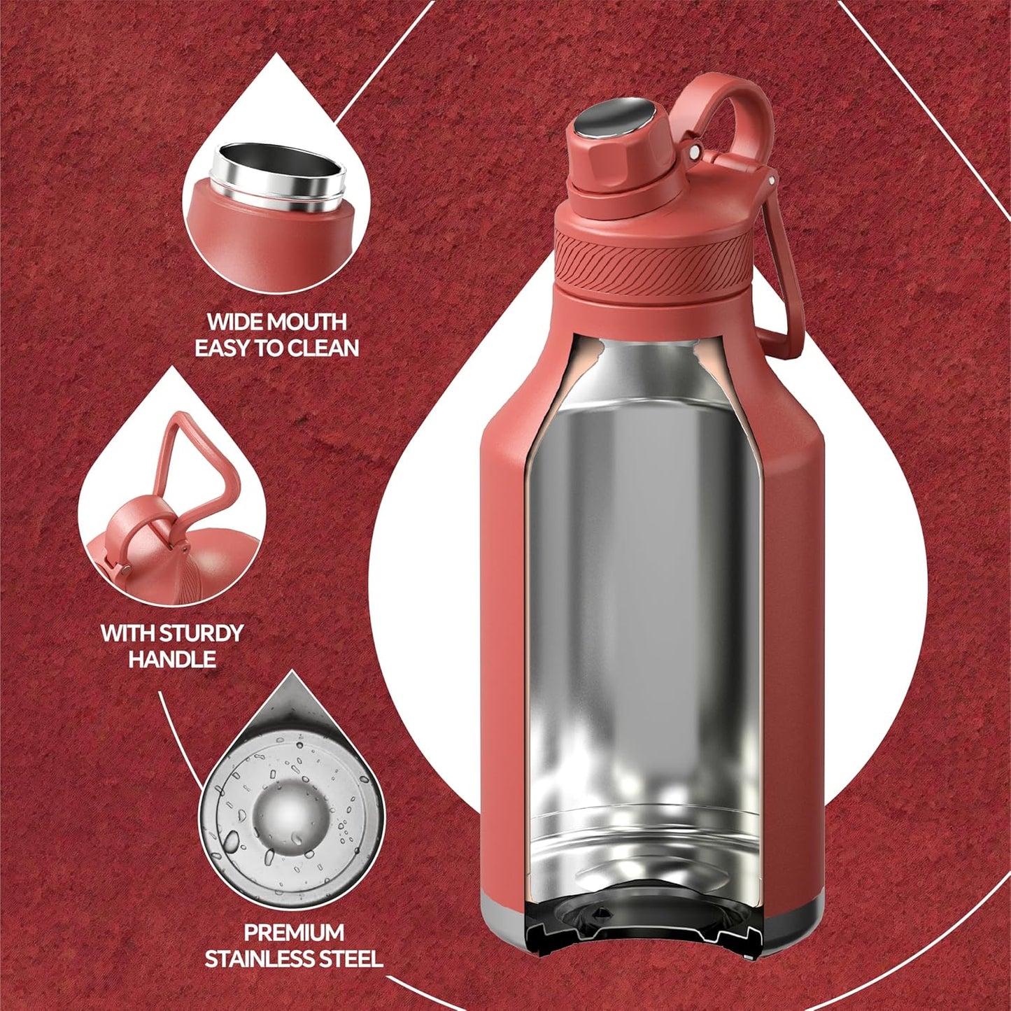 IDEUS Insulated Stainless Steel Water Bottle with 2 Leak-Proof Lids, Thermal Water Flask for Hiking Biking, 64oz, Red