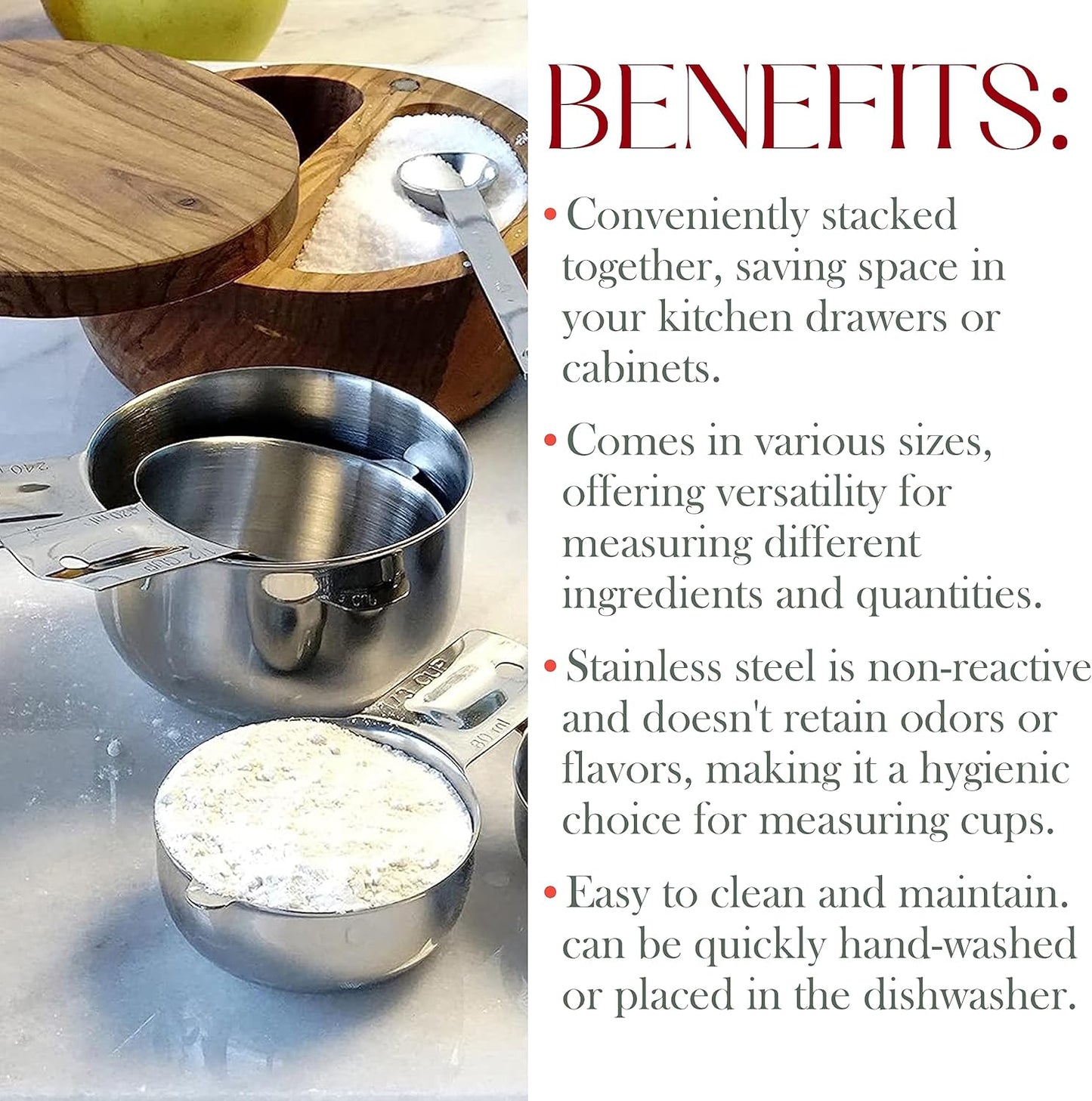 Bellemain One Piece Stainless Steel - Nesting measuring cups for Kitchen for Bakers, Dry - Ml & Oz measuring cup for Liquid, Metal, Set of 6