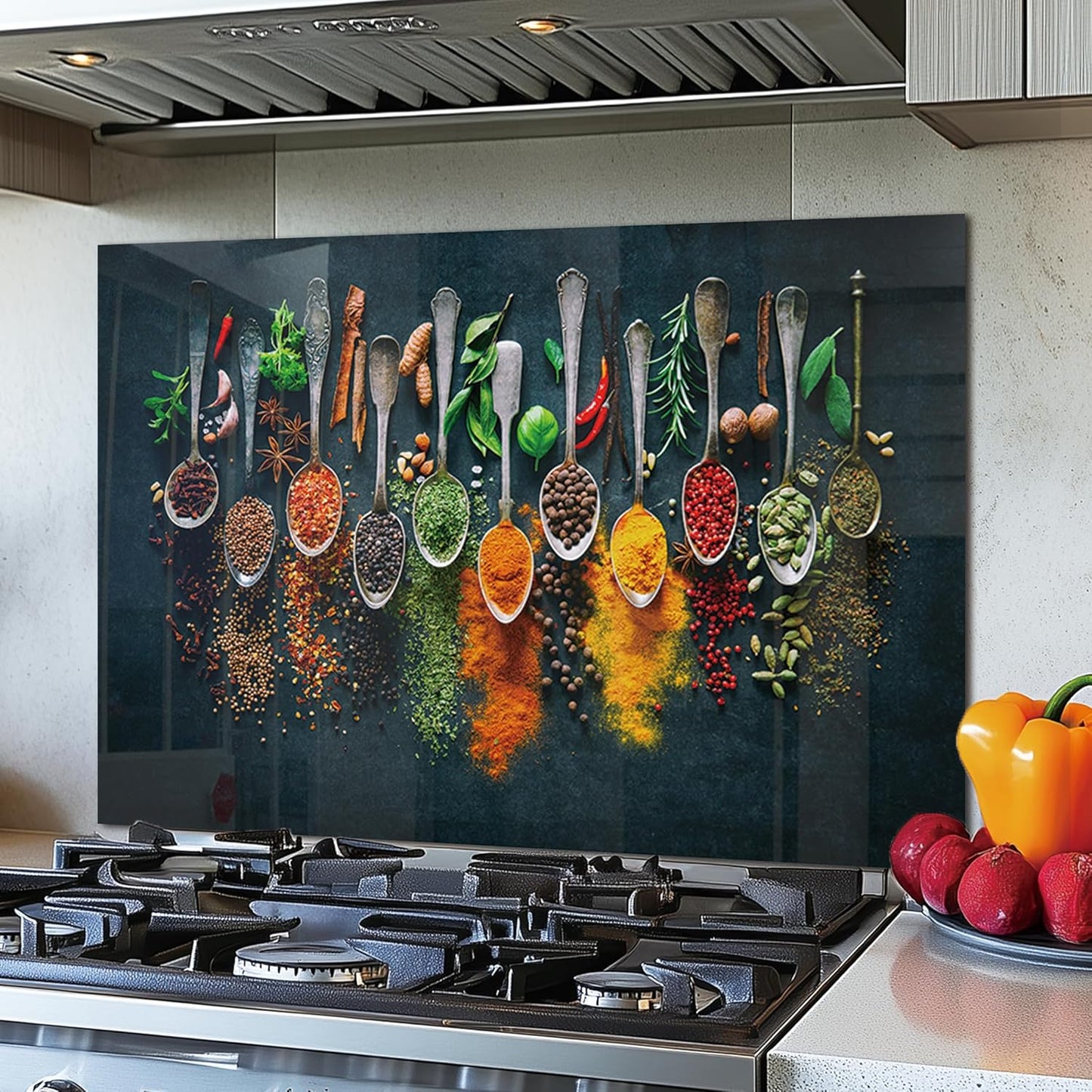 DAIFURONGE Spice Tempered Glass Backsplash For Kitchen Behind Stove,Stove Back Top Cover,Easy to Clean Glass Splashback, Sink Cover Splash Guard,Home Kitchen Wall Decor (35.43"x23.62"(90x60cm))