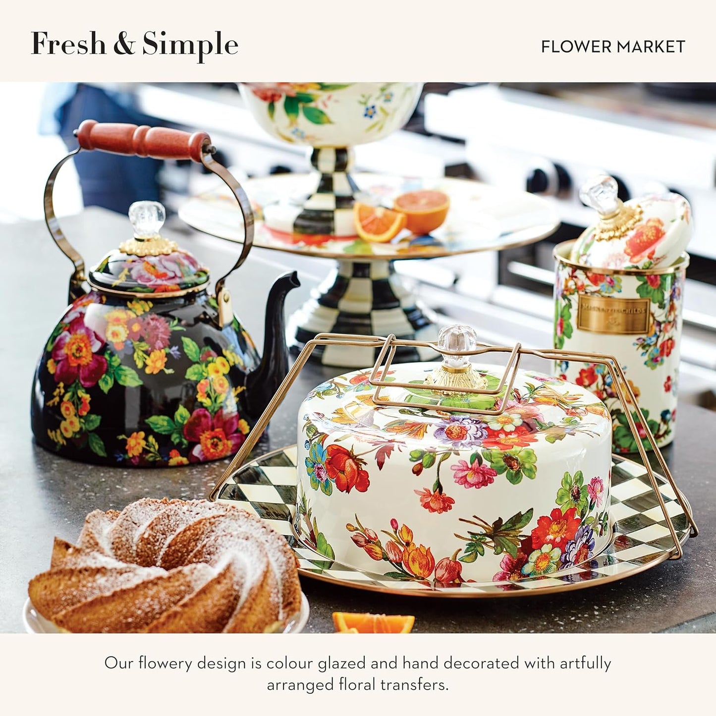 MACKENZIE-CHILDS Large Enamel Canister, Kitchen Storage Container for Flour and Sugar, 1.89 Liters, White Flower Market