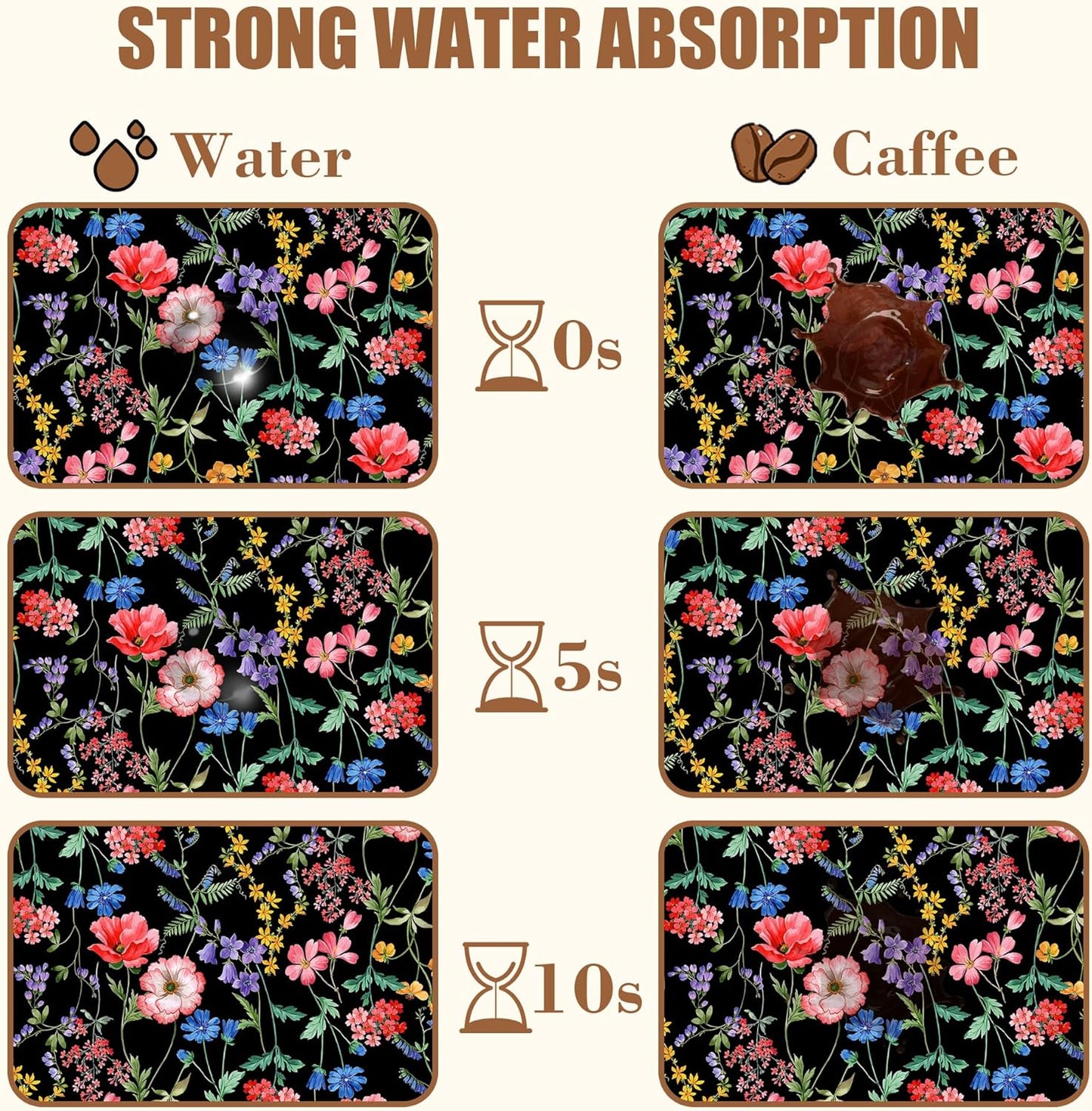 Beautiful Flowers Dish Drying Mat for Kitchen Counter Coffee Bar Mat Hide Stain Absorbent Rubber Backed Coffee Mat Coffee Maker Espresso Machine Coffee Bar Accessories 11.8 x 19.7 Inch