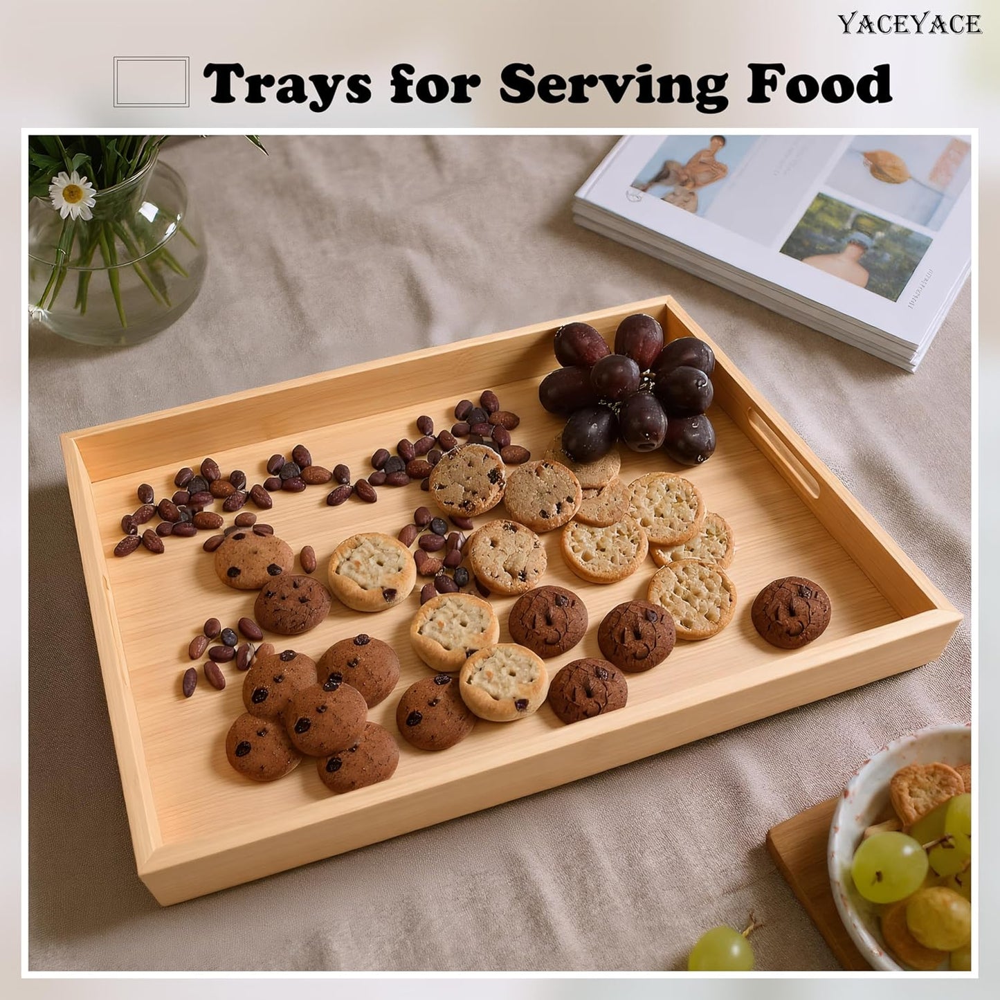 Serving Tray Decor, 15"x10"x1.5" Medium Bamboo Serving Tray for Bed, Home Decor, Food Tray for Coffee Table, Dining, Bar, Ottoman, Breakfast