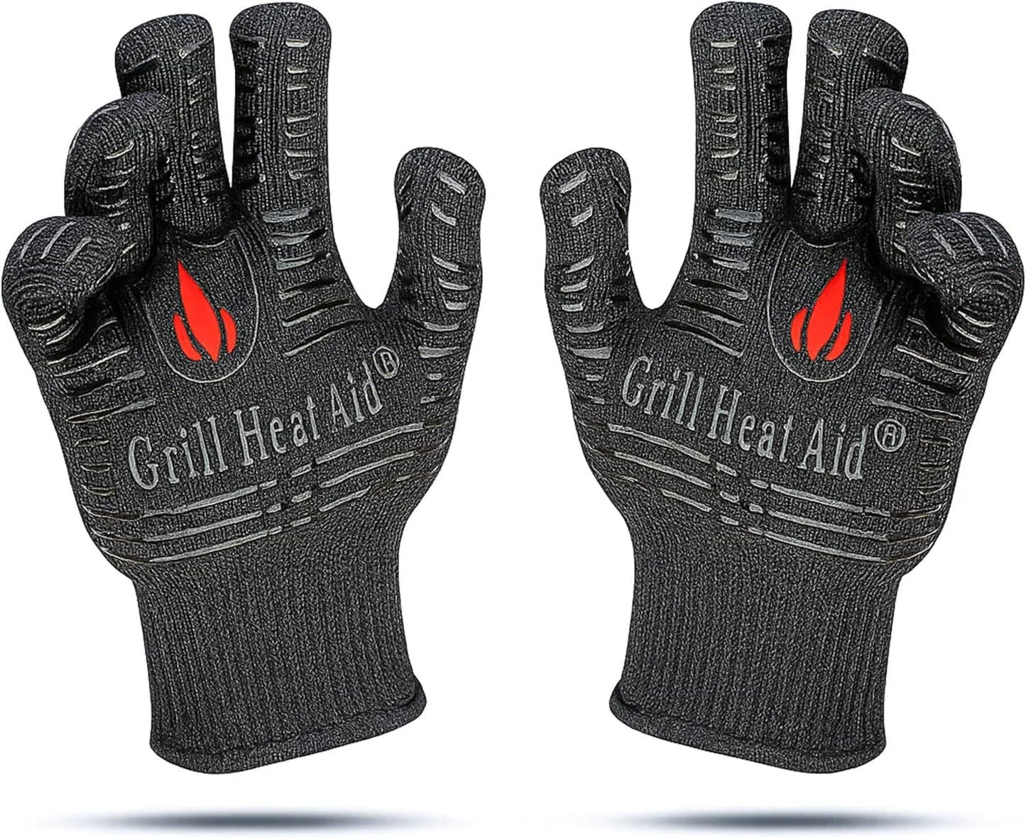 GRILL HEAT AID BBQ Grill Gloves Heat Proof for Grilling – Fireproof 1472°F Heat-Resistant Grill Mitts for Outdoor Barbecue and Smoker, Campfire, Fire Pit, Oven Glove with Fingers for Baking Pizza