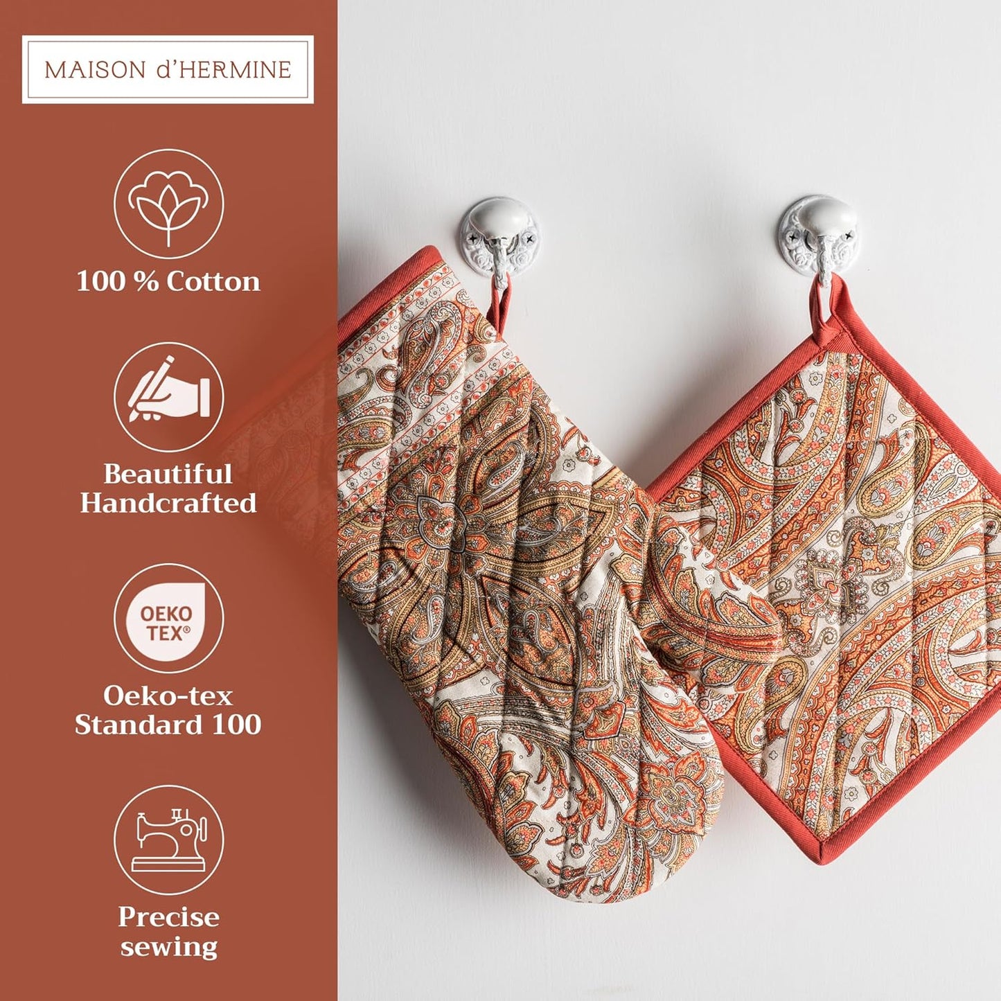 Maison d' Hermine 100% Cotton Oven Mitt & Pot Holder Set (7.5"x13" & 8"x8") Heat Resistant BBQ Cooking Gloves with Loop, Baking, Grilling, Kitchen, Handling Hot Pans (Kashmir Paisley)