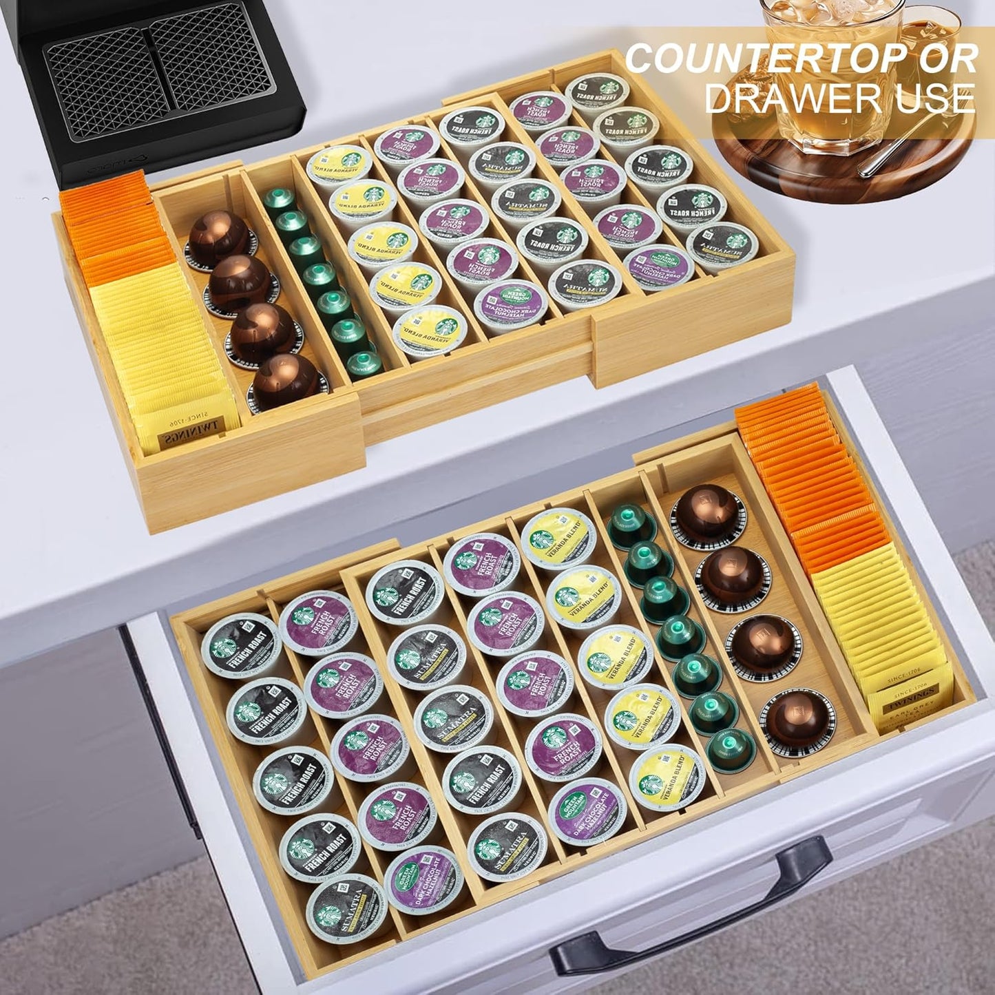 MinBoo Bamboo K Cup Holder for Drawer or Countertop Coffee Pod Holder Expandable K Cup Pod Storage Tea bag organizer K Cup Storage for Coffee Station Home Office and Kitchen