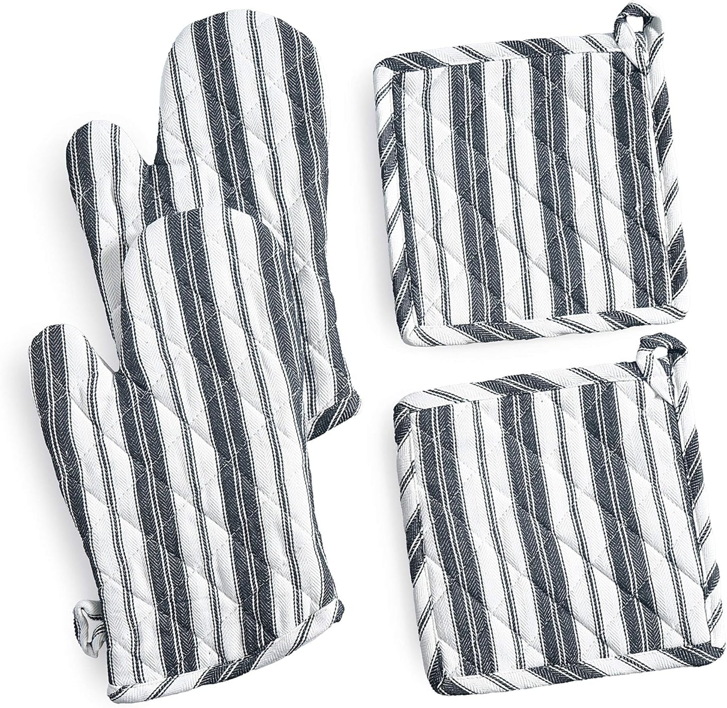 Oven Mitts & Potholder Set - Durable Heat Resistant Gloves - Thick Mittens for Kitchen - Suitable for Cooking, Baking, Grilling - BBQ- 2 Oven Mitts & 2 Potholders - Black Stripes - Casa De Lan