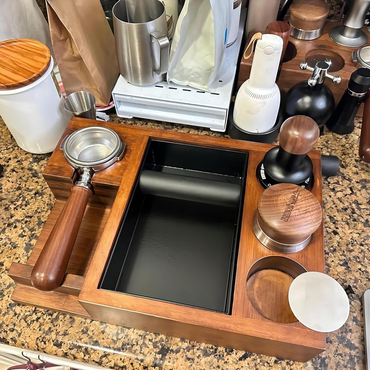 13.4'' Large Espresso Knock Box and Tamping Station, Solid Wood Espresso Accessories Organizer Box for 51MM-58MM Tamper, Distributor, Portafilter, High-Capacity Espresso Coffee Organizer