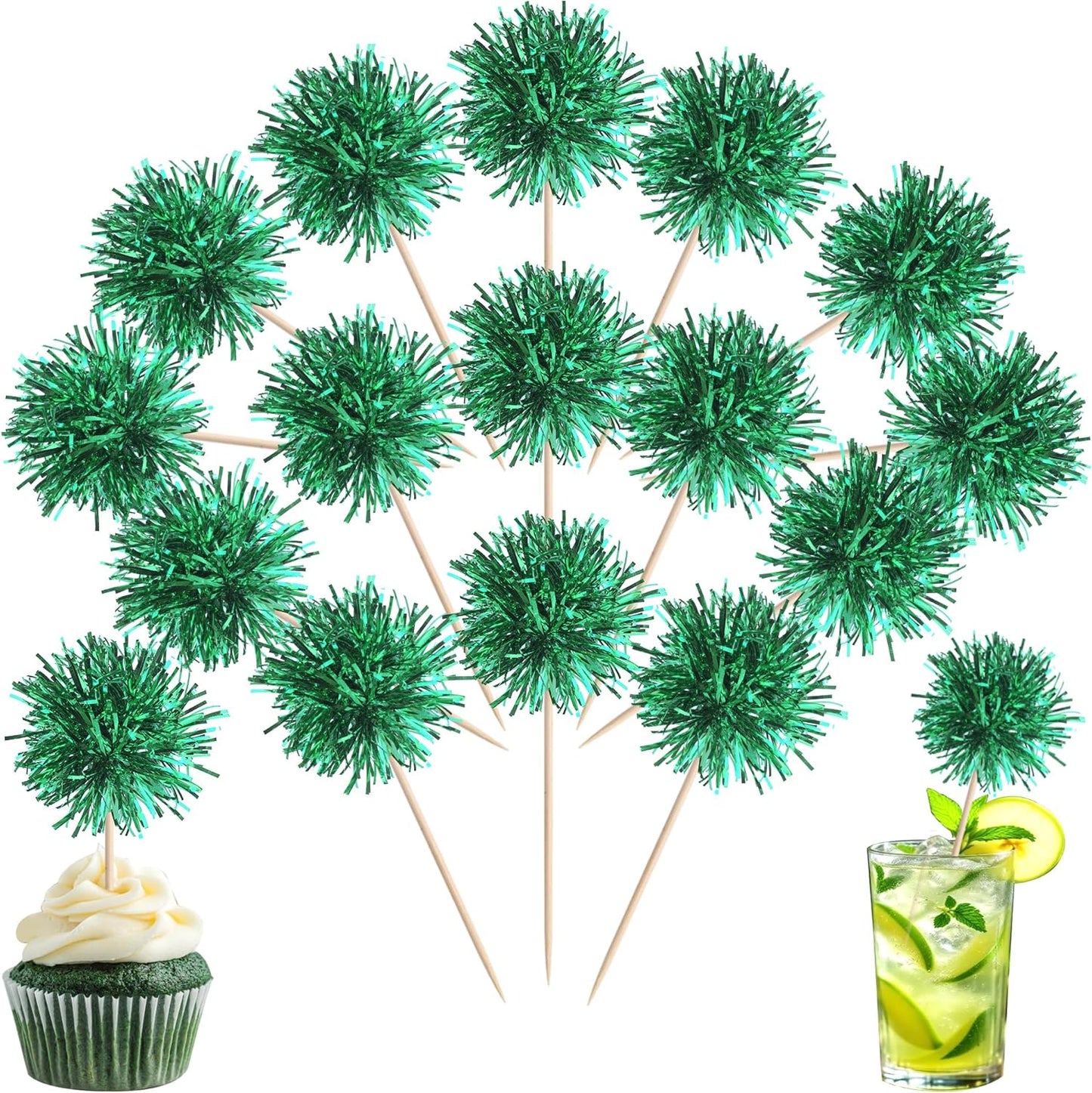40 PCS Foil Firework Cupcake Toppers Green Sparkler Cupcake Picks Sparkle Tinsel Fireworks Decorations Cocktail Fruit Toothpick for Firework Theme Birthday Wedding Graduation Party Decoration Supplies
