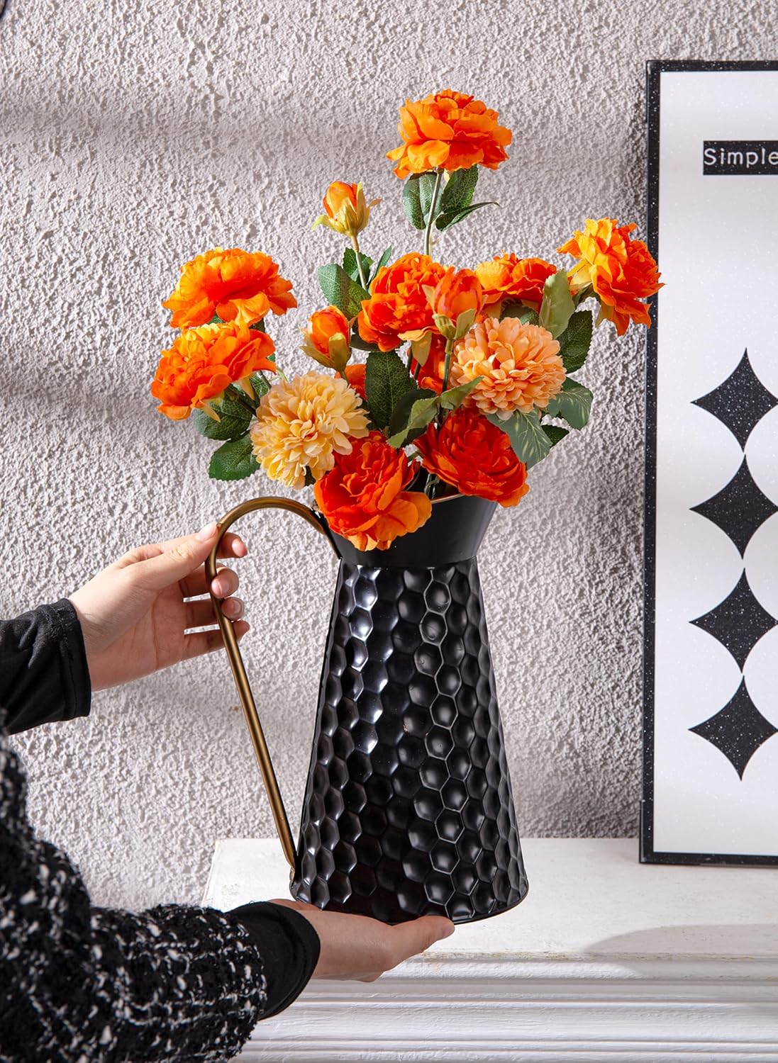 Elegant Black Metal Pitcher Vase, Farmhouse Galvanized Flower Vase, Rustic Decorative Milk Jug for Home Décor