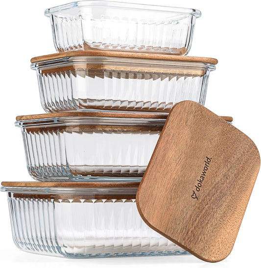 Set of 4 Stackable Space-Saving Nesting Glass Bowls with Airtight Acacia Lids for Lunch, Meal & Food Prep - Microwave & Oven-ready BPA Free Durable Heat Resistant Inert Borosilicate Glass