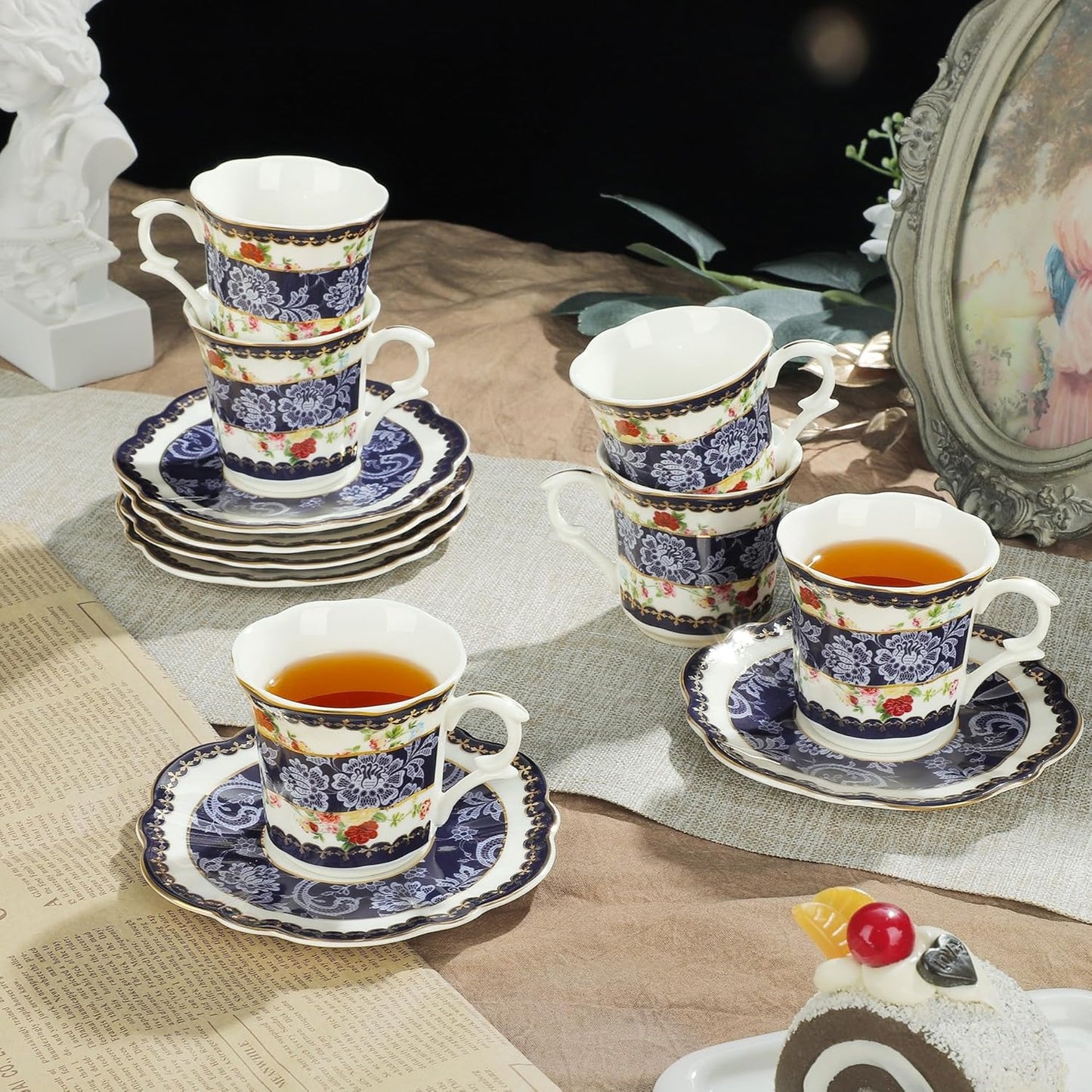 fanquare 2.5 Ounce Espresso Cups Set of 6, 12 Pieces Ceramic Demitasse Cup and Saucers, Blue Lace Pattern Espresso Mugs for Coffee Bar Home