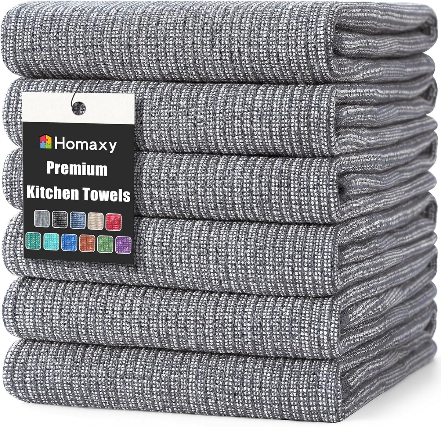 Homaxy Premium Kitchen Towels(18”x 28”, 6 Pack), Large Cotton Kitchen Hand Towels, Flat and Terry Dish Towels, 380 GSM Highly Absorbent Tea Towel Set with Hanging Loop, Grey