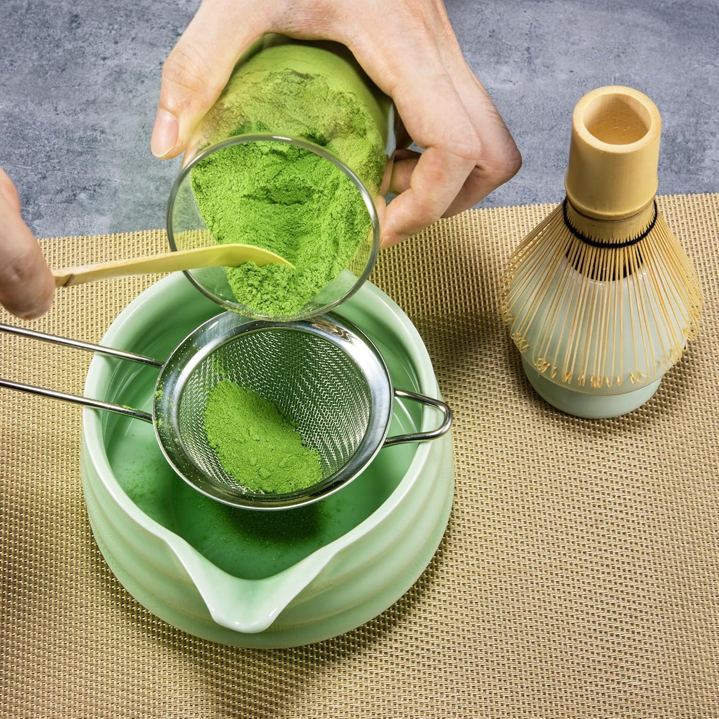Marce Matcha Whisk Set- Matcha Set includes Matcha Whisk and Bowl with Spout, Sifter, Holder and Scoop- The Perfect Bamboo Whisk for Matcha Tea (Green)