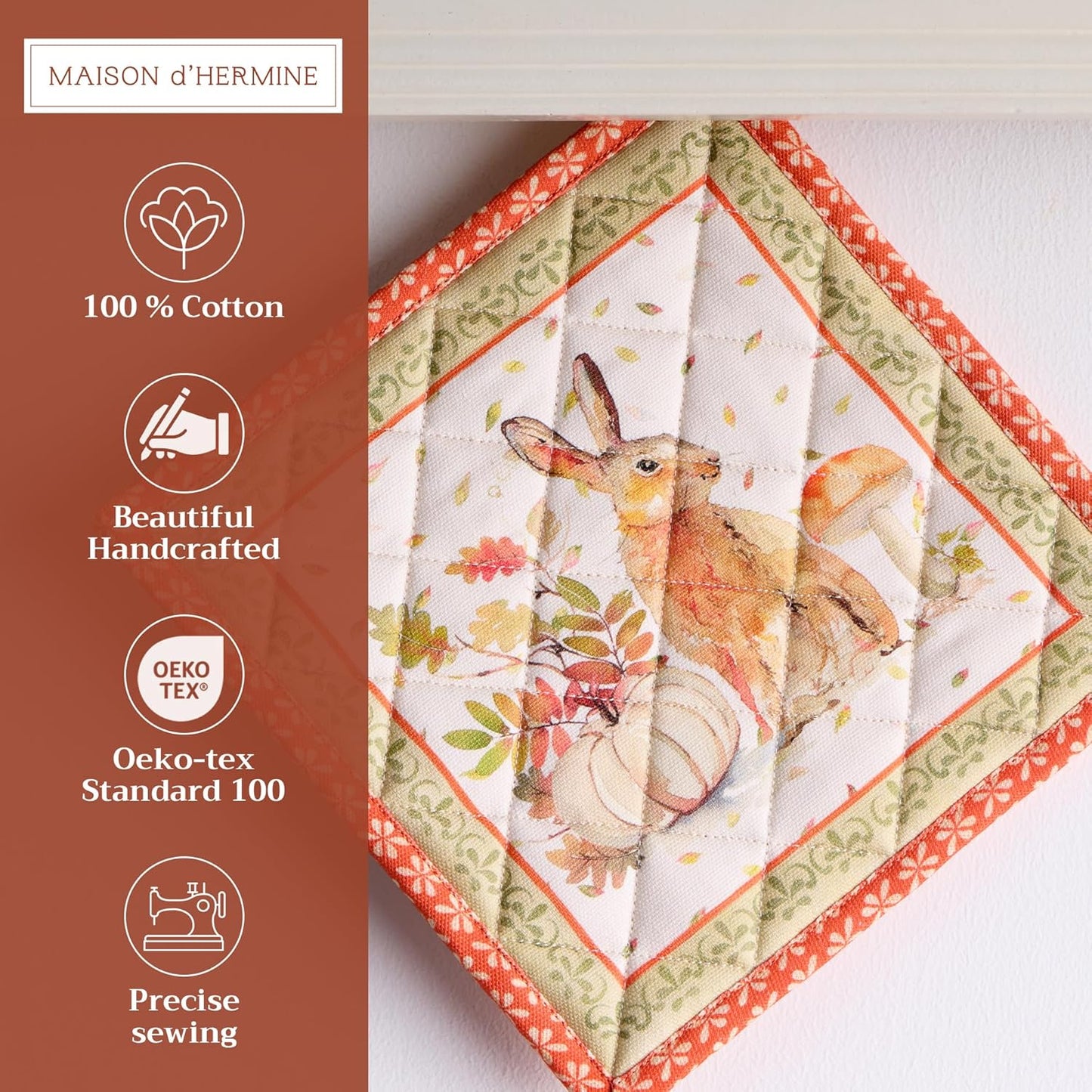 Maison d' Hermine Pot Holders Set 100% Cotton Heat Resistant Potholders 8" x 8" Hot Pads with Loop BBQ, Cooking, Baking, Grilling, Kitchen, Handling Hot Pans (Pack of 2, Pumpkin Passion)