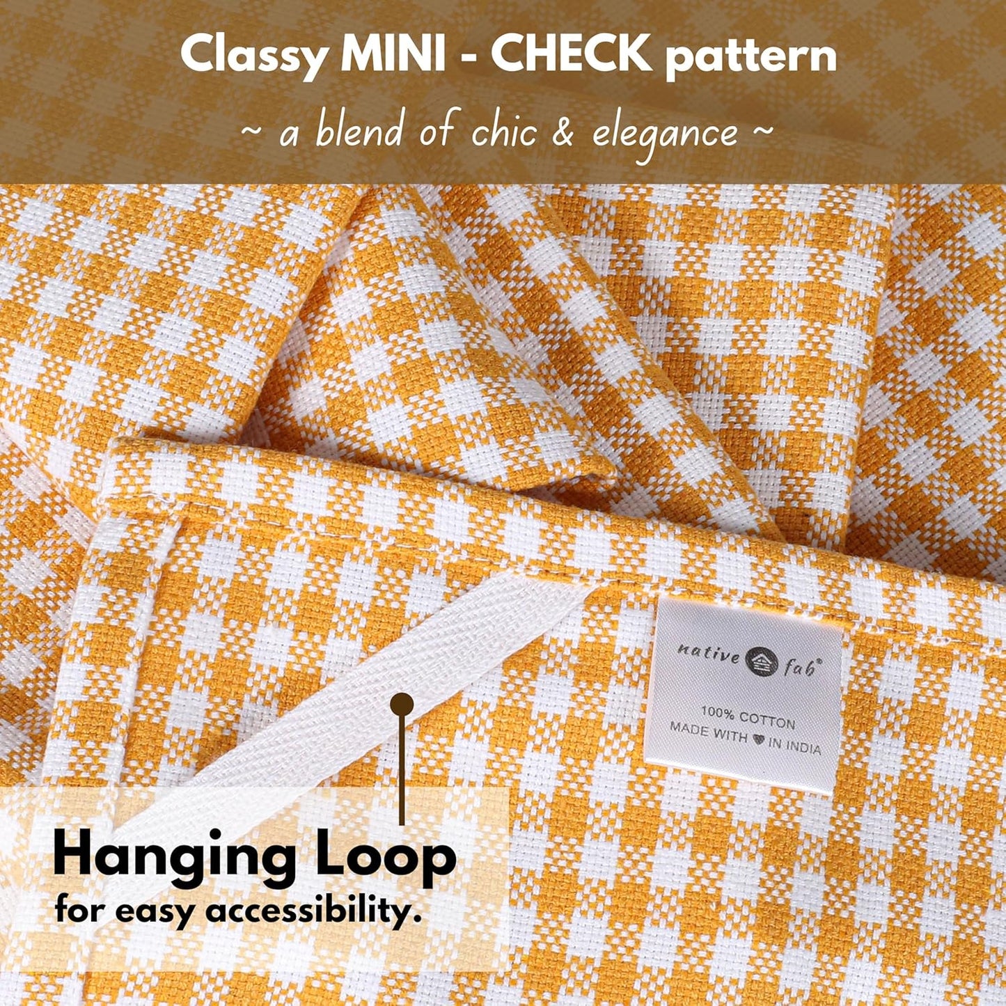 Native Fab 12 Pack Mini Check Yellow Kitchen Towels 16"x26" - Gingham Plaid Cotton Dish Towels - Absorbent Dishcloth Set, Soft Reusable Towel with Hanging Loop - Yellow White