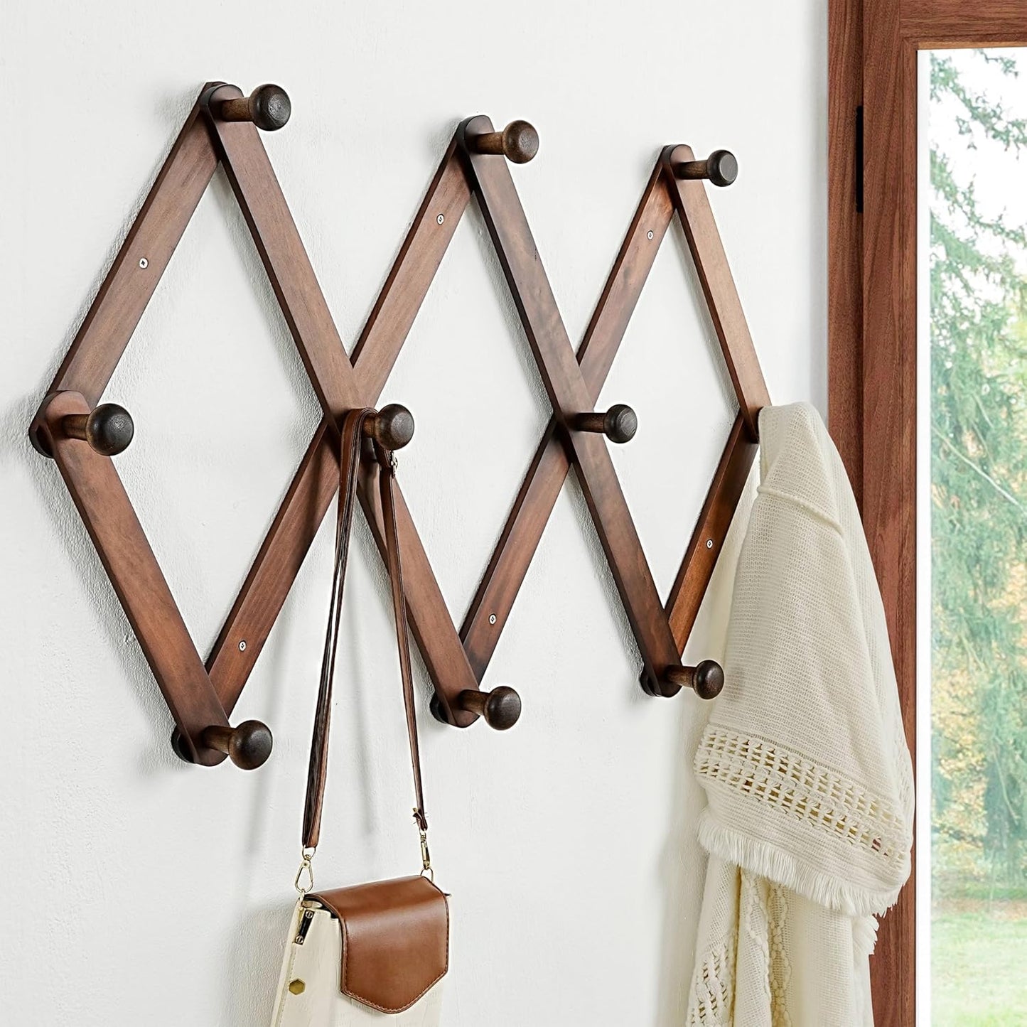 Dseap Expandable Coat Rack (Larger Version) - 24” High, Anti-Slip, Ultra Heavy Duty Wooden Accordian Wall Hanger with 10 Study Peg Hooks for Clothing Hats Jackets Bags, Brown