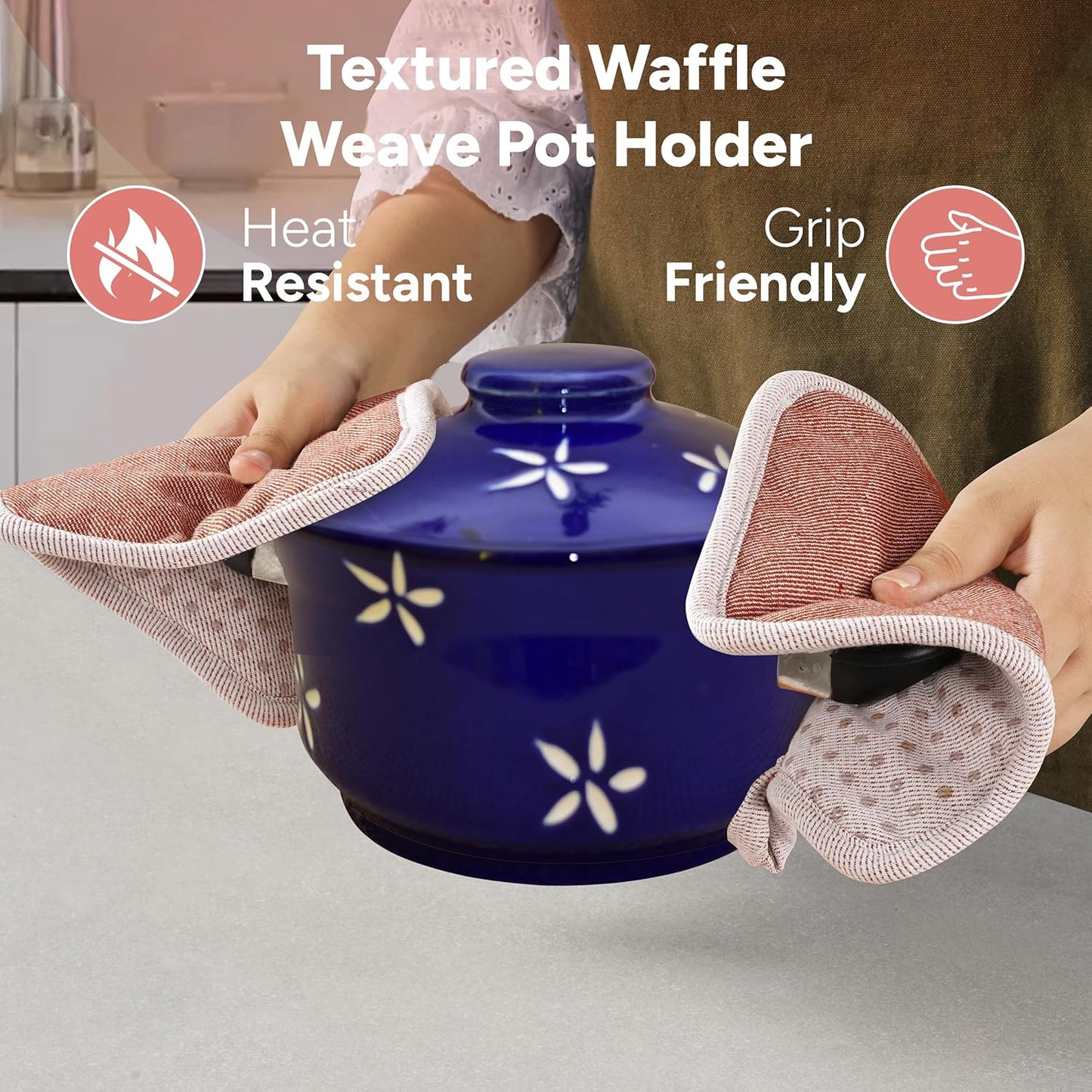 Casa Platino Cute Oven Mitts & Pot Holders, 4-Piece – Oven Mitts Heat Resistant for Grilling & Baking, Pot Holder for Hot Cookware & Microwave – Withstands Up to 500°F, Non-Slip – Canyon Rose