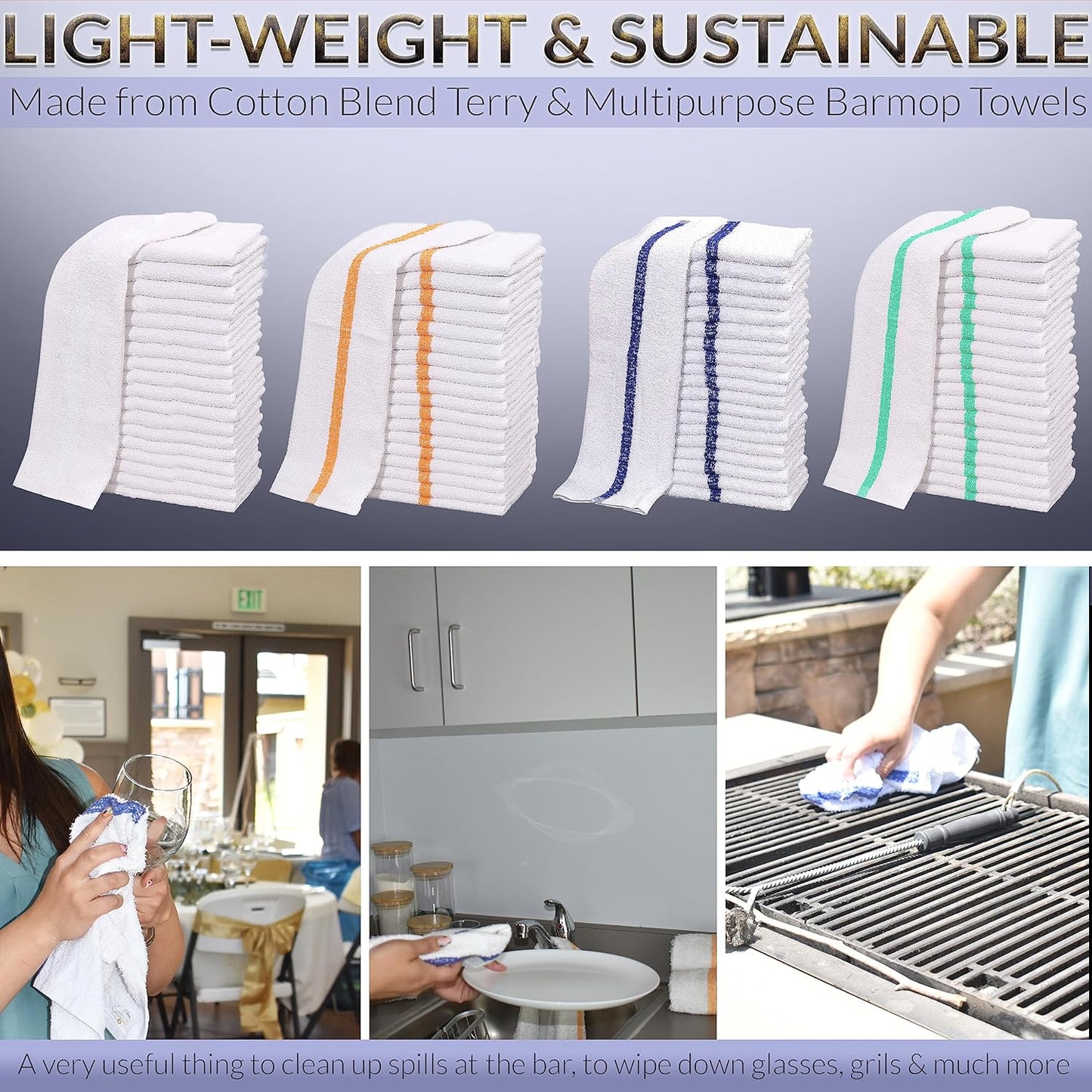 GOLD TEXTILES New Cotton Blend White Restaurant Bar Mops Kitchen Towels (12, Green Stripe)