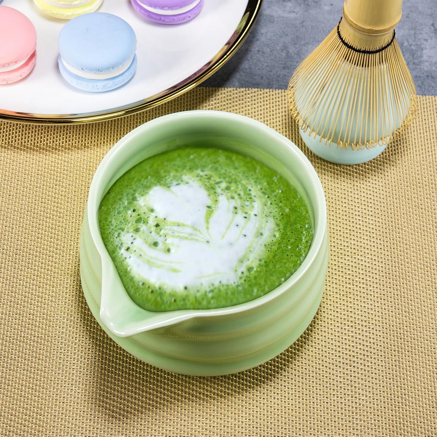 Marce Matcha Whisk Set- Matcha Set includes Matcha Whisk and Bowl (Bowl with Spout), Sifter, Holder and Scoop- The Perfect Bamboo Whisk for Matcha Tea (Green- 7PC)