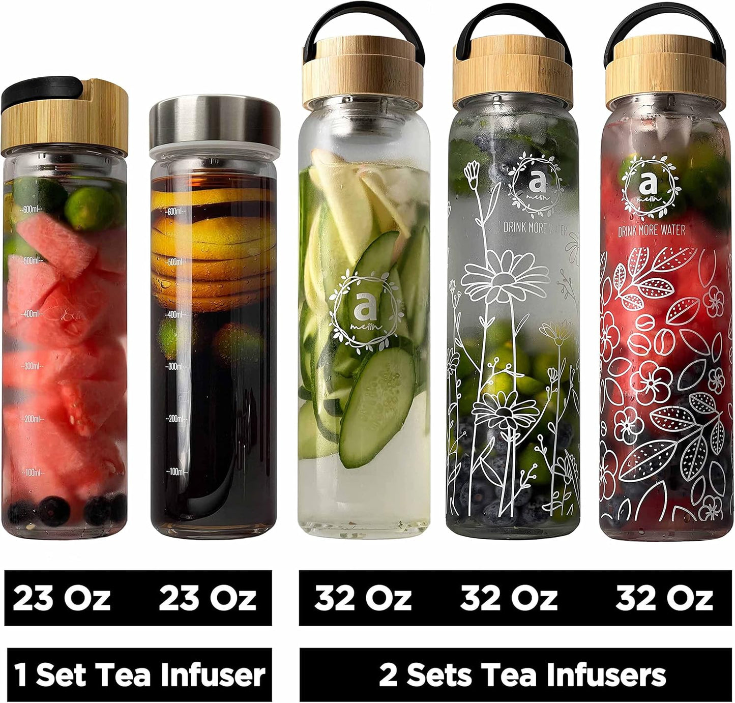 32oz Borosilicate Glass Water Bottle with Bamboo Lid and 2 Tea Infuser Sets for Fruit Infused Water and Cold Brew Coffee - Tea Strainer for Loose Leaf Tea (Flower)