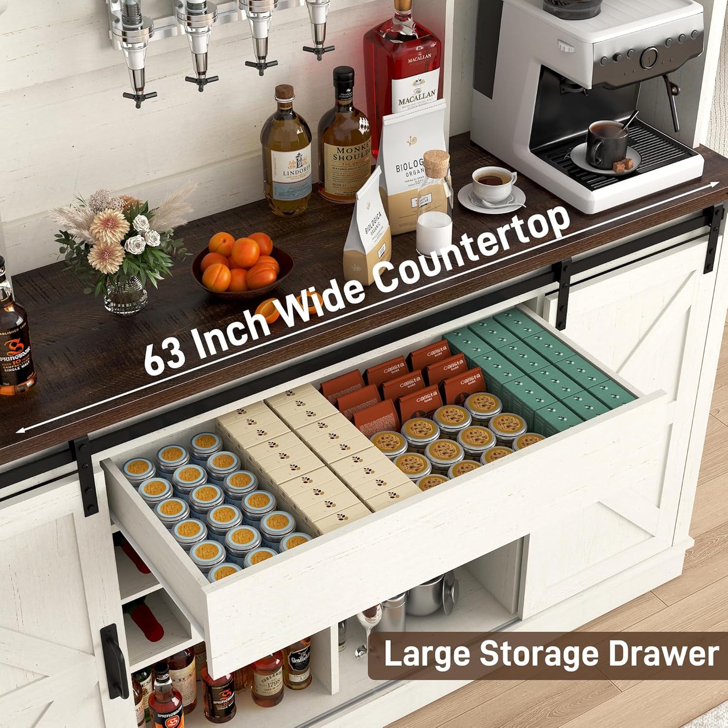 Farmhouse Coffee Bar Cabinet with Charging Station & Sliding Barn Doors - 63" W x 71" H Large Wine Rack, Built-in Liquor Dispenser, Glass/Mug Holders for Kitchen, Living Room, Hallway