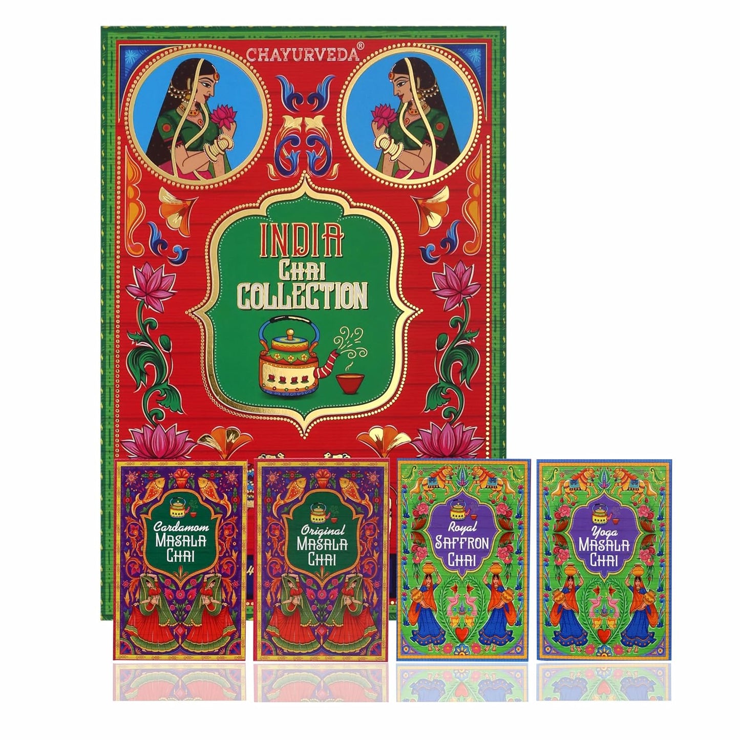 Sancha Tea Boutique, India Chai Collection Gift Box, Assorted Indian Masala Chai Teas, Cardamom/Ginger/Tulsi/Saffron, Variety Pack of 4 Loose Leaf Teas, 50g Each