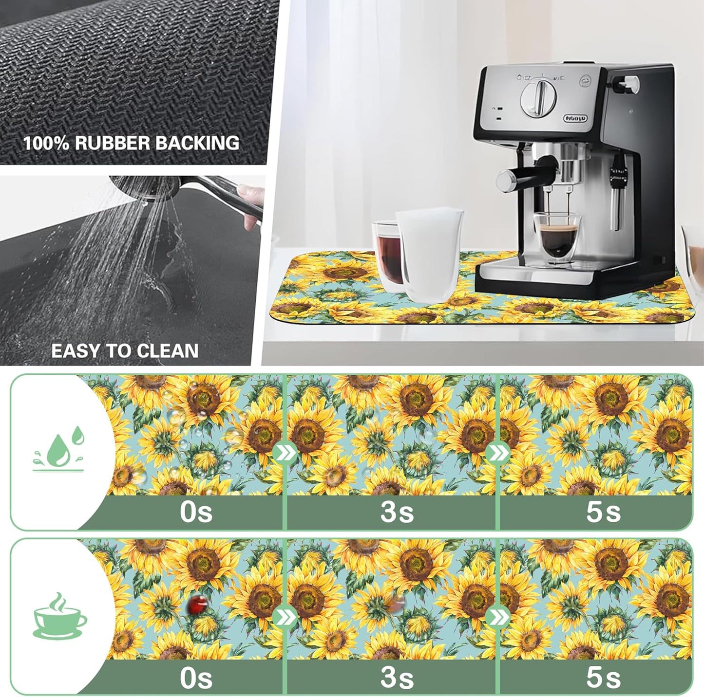 Dish Drying Mat Watercolor Rustic Sunflower Dish Drying Pad,12"X19" Bsorbent Coffee Mat for Sink Dishes or Under Rack Kitchen Counter Accessories Absorbent Hide Stain Rubber Backed Drying Mat