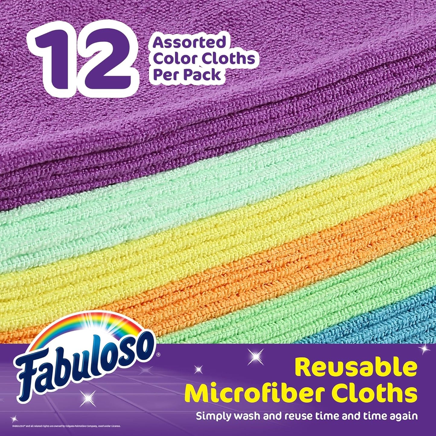 Fabuloso Microfiber Cleaning Cloths, Rainbow - Lint-Free, Scratch-Free Cleaning Cloths for Surfaces and Wood Furniture - Dustless Cloth for Bold and Bright Cleaning Experience, 12 Count