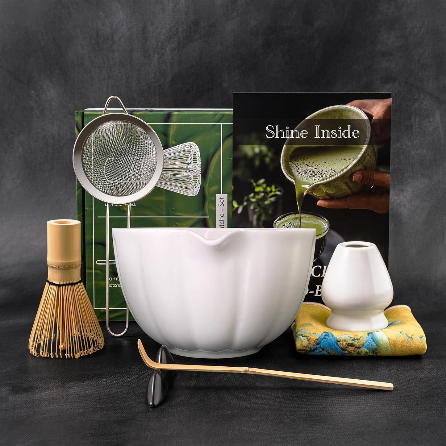 Matcha Whisk Set – 7 Pcs Japanese Matcha Kit, Bowl (Chawan) with Spout, Bamboo Whisk (Chasen) & Holder, Scoop (Chashaku), Sifter, Tea Towel – Perfect for Matcha Lovers & Tea Ceremony (White)