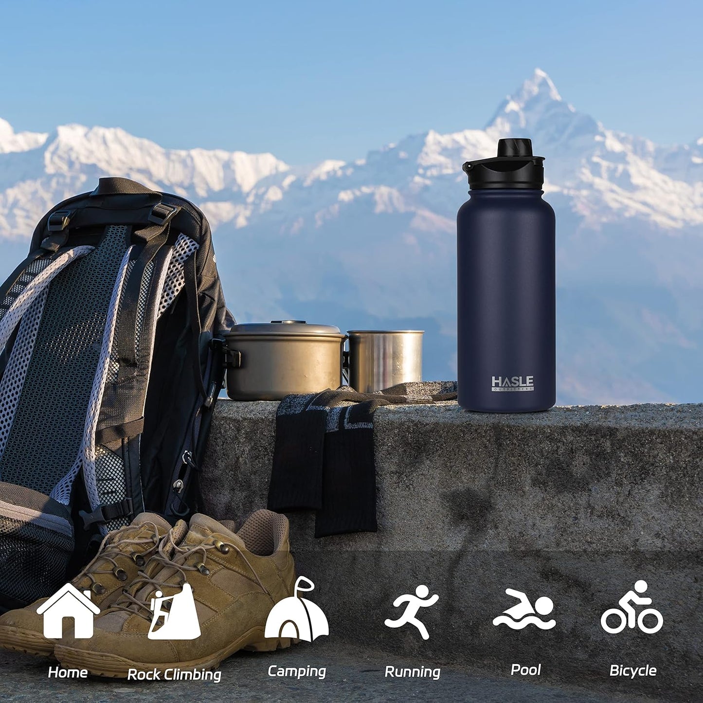 HASLE OUTFITTERS 32 oz Insulated Water Bottle Stainless Steel Double Walled Vacuum Sports Water Bottle with 2 Lids (Straw and Spout Lid) for Gym Camping Hiking(Navy,1)