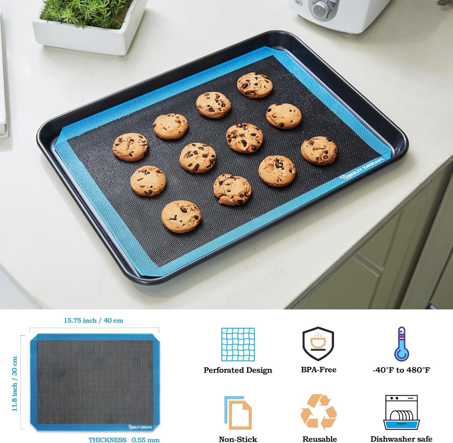2PCs GUY DREAM Perforated Silicone Baking Mat 11-4/5" x 15-3/4" - Eclair Mat for Baking - Steaming Mesh For Half Size Cooking Sheet - Non-Stick Reusable Oven Liner