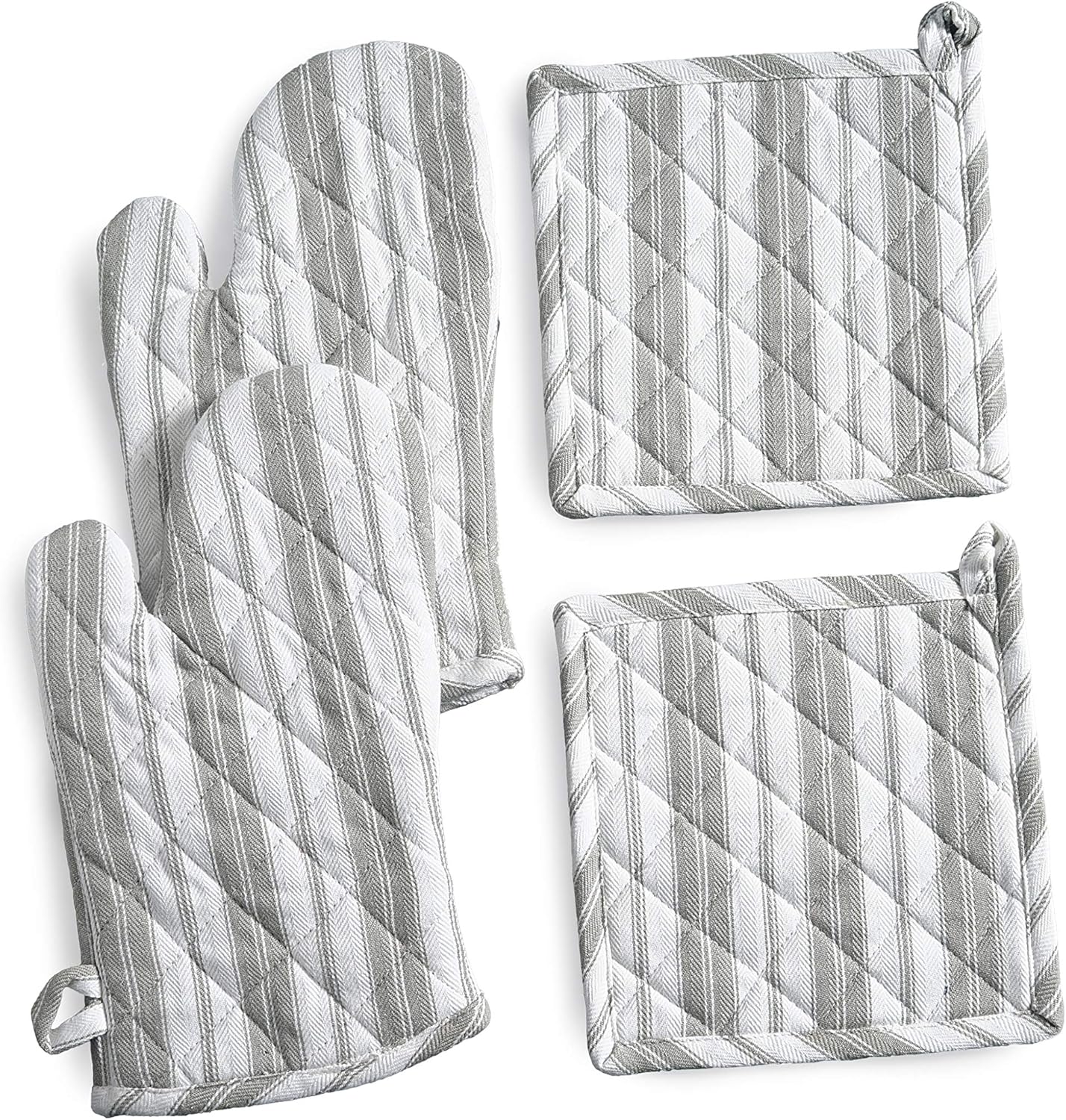Oven Mitts & Potholder Set - Durable Heat Resistant Gloves - Thick Mittens for Kitchen - Suitable for Cooking, Baking, Grilling – BBQ - 2 Oven Mitts & 2 Potholders – Light Grey Stripes - Casa De Lan