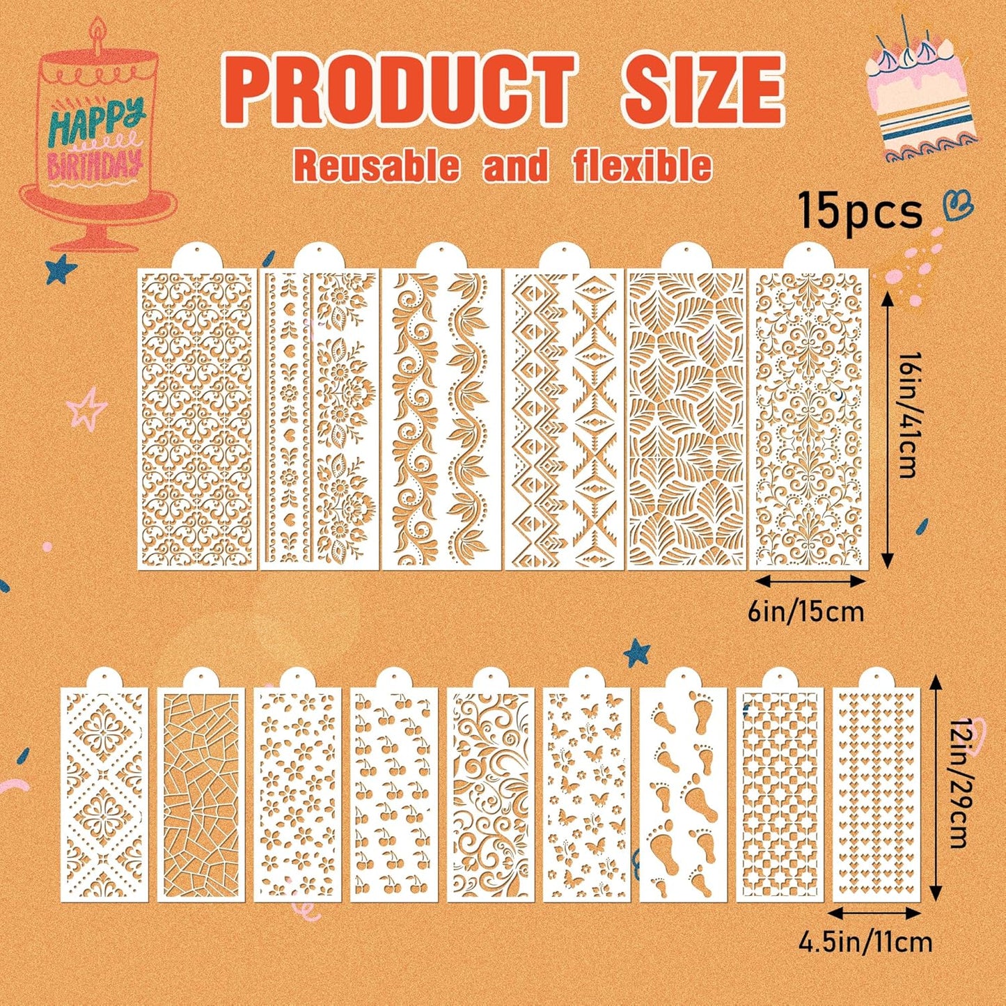 Cake Buttercream Decorating Stencils - 15 Pcs Reusable Cake Stencils Floral Boarder, Cookies Royal Icing Stencils Biscuits Decorating Template Cake Baking Stencils