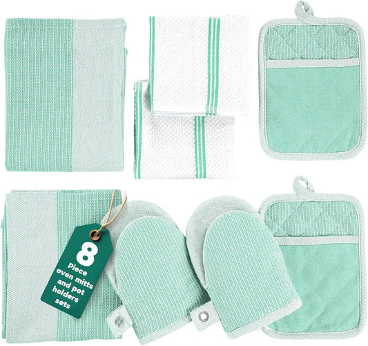 Casa Platino Potholders & Oven Mitts Heat Resistant, 8-Piece Mini Oven Mitts with Silicone Grip, Potholders for Kitchens, 2 Kitchen Towels & 2 Dish Cloths – Durable & Non-Slip – Sage