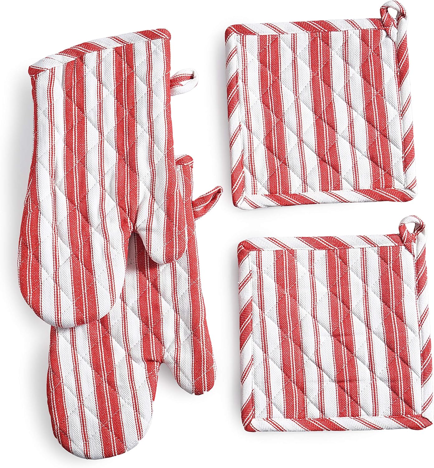 Oven Mitts & Potholder Set - Durable Heat Resistant Gloves - Thick Mittens for Kitchen - Suitable for Cooking, Baking, Grilling – BBQ - 2 Oven Mitts & 2 Potholders – Bright Red Stripes - Casa De Lan
