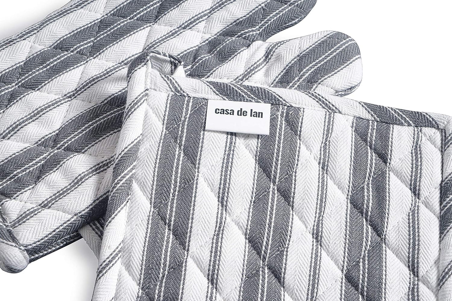 Oven Mitt & Potholder Set - Durable Heat Resistant Gloves - Thick Mittens for Kitchen - Suitable for Cooking, Baking, Grilling – BBQ - 1 Oven Mitts & 1 Potholders – Dark Grey Stripes - Casa De Lan